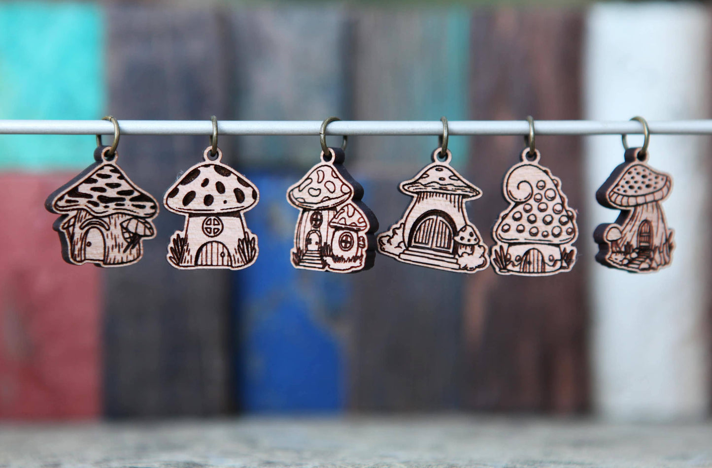 Sunrise Grove - Cherry Wood Mushroom Houses Stitch Markers Set of 6