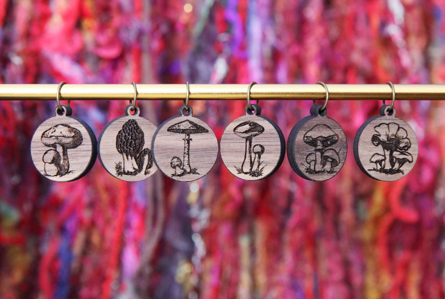 Sunrise Grove - Walnut Knitting Stitch Markers Set of 6 Wild Mushroom