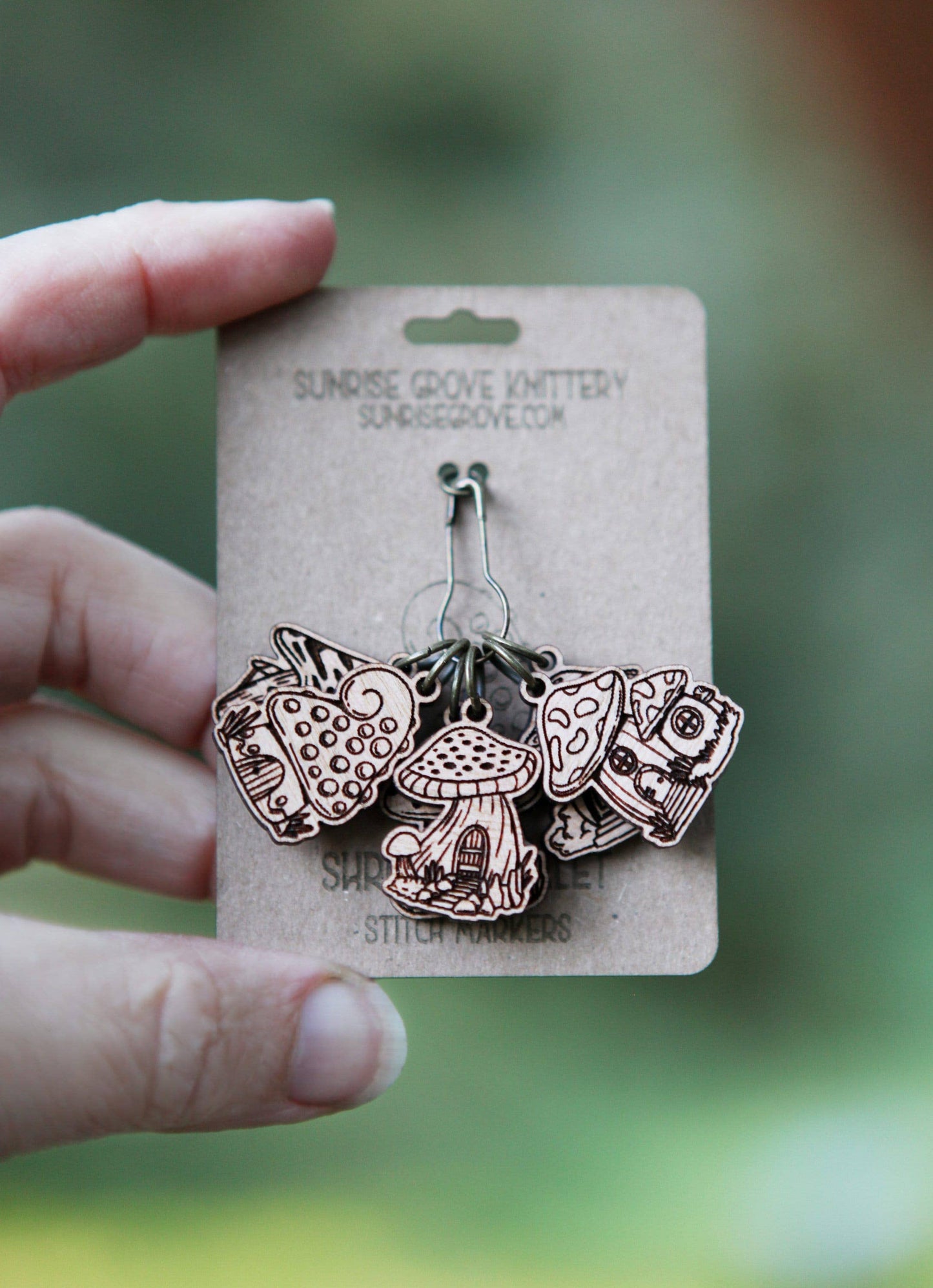 Sunrise Grove - Cherry Wood Mushroom Houses Stitch Markers Set of 6