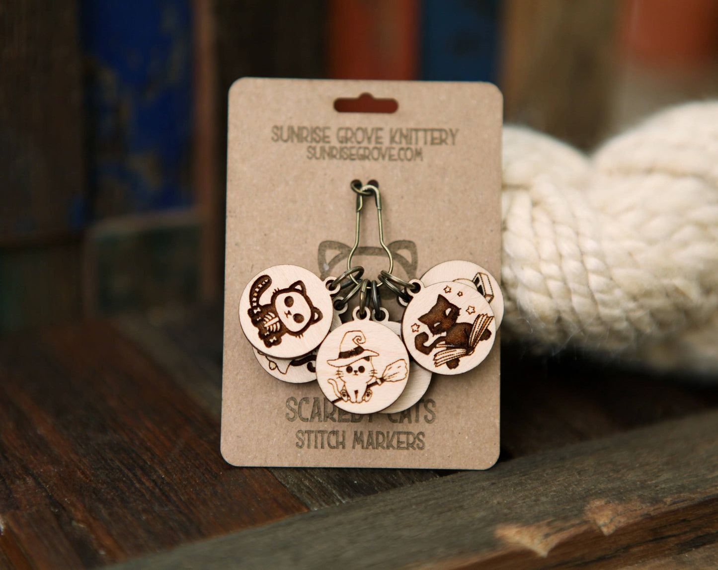 Sunrise Grove - Halloween Cats Knitting Stitch Markers Set in Maple Wood