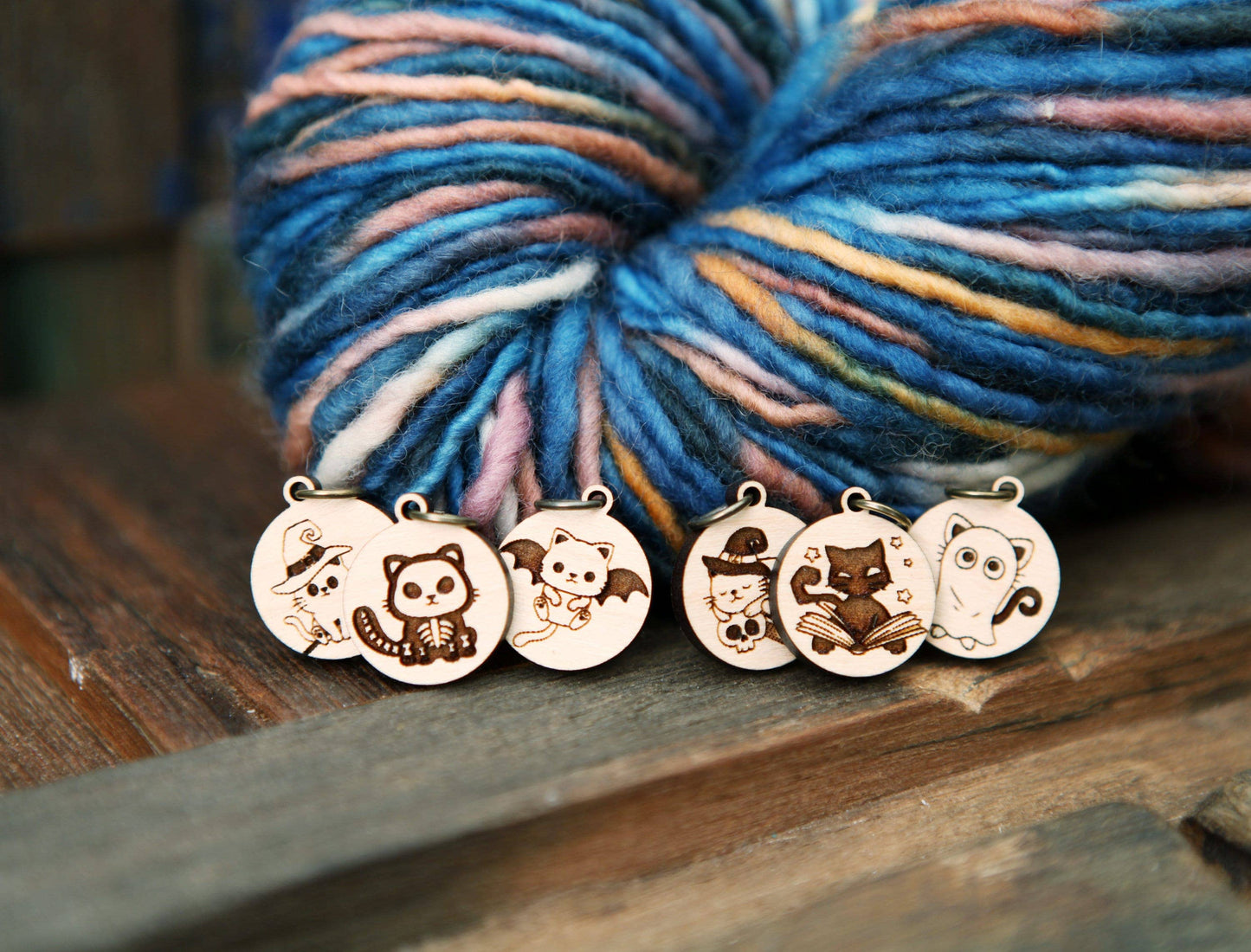 Sunrise Grove - Halloween Cats Knitting Stitch Markers Set in Maple Wood