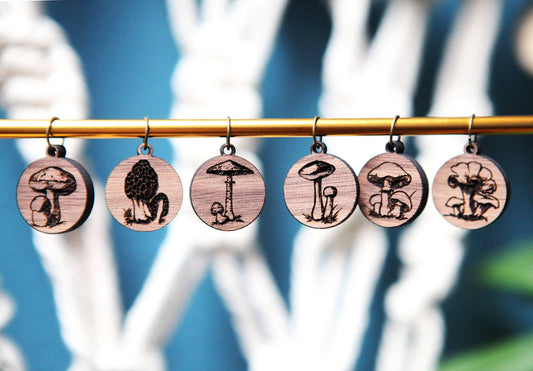Sunrise Grove - Walnut Knitting Stitch Markers Set of 6 Wild Mushroom