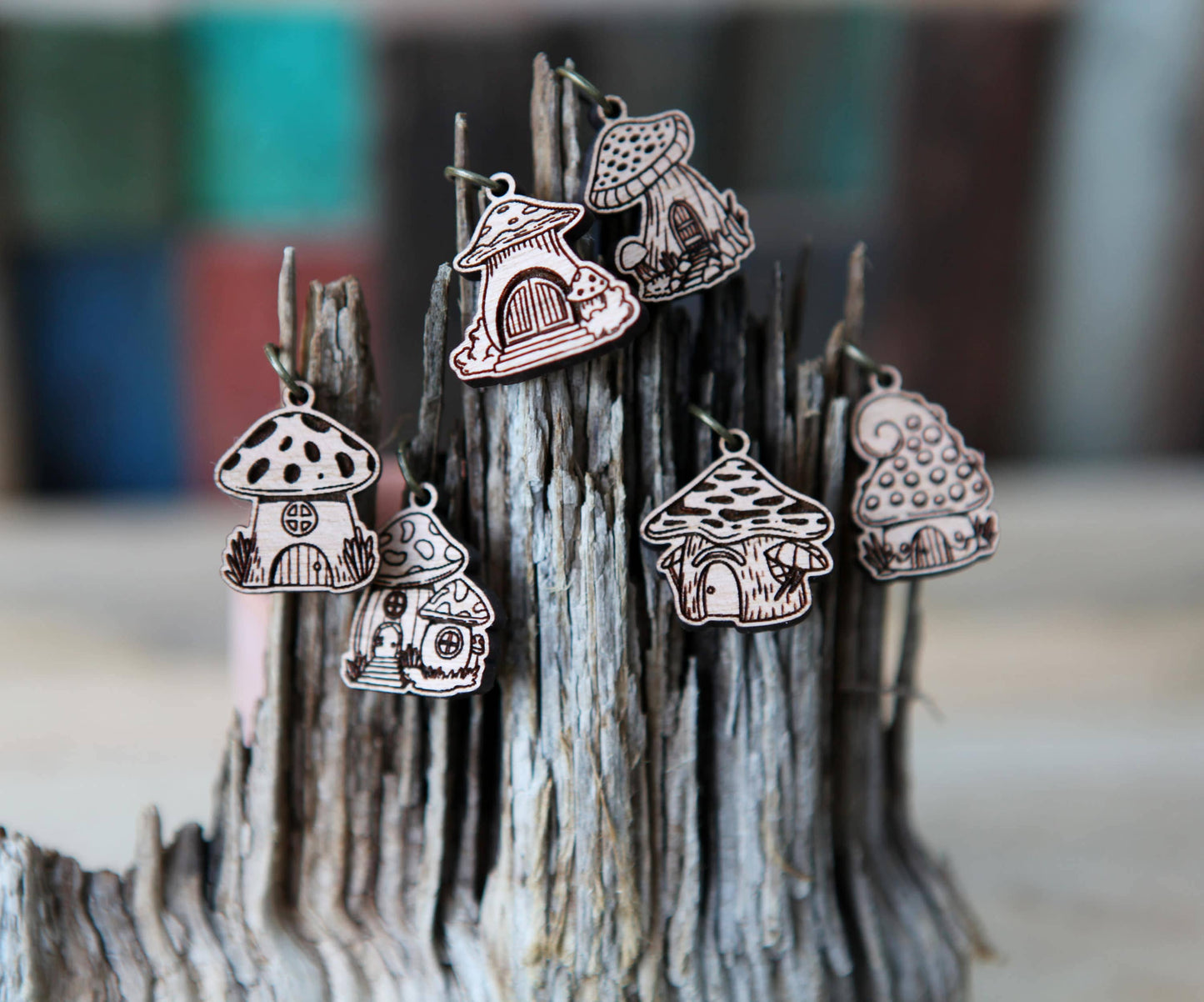Sunrise Grove - Cherry Wood Mushroom Houses Stitch Markers Set of 6