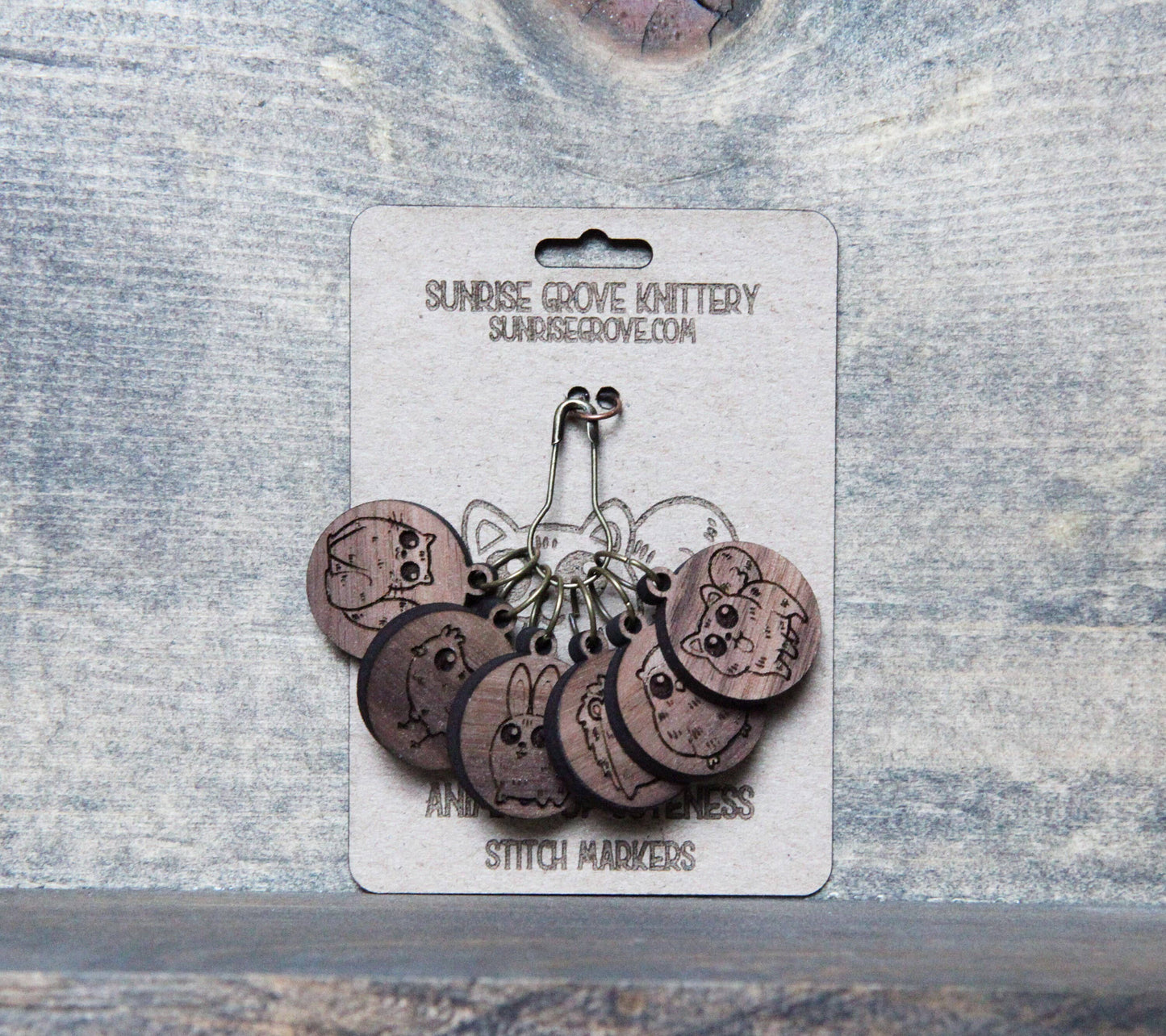 Sunrise Grove - Walnut Knitting Stitch Markers Set of 6 with Animal Faces