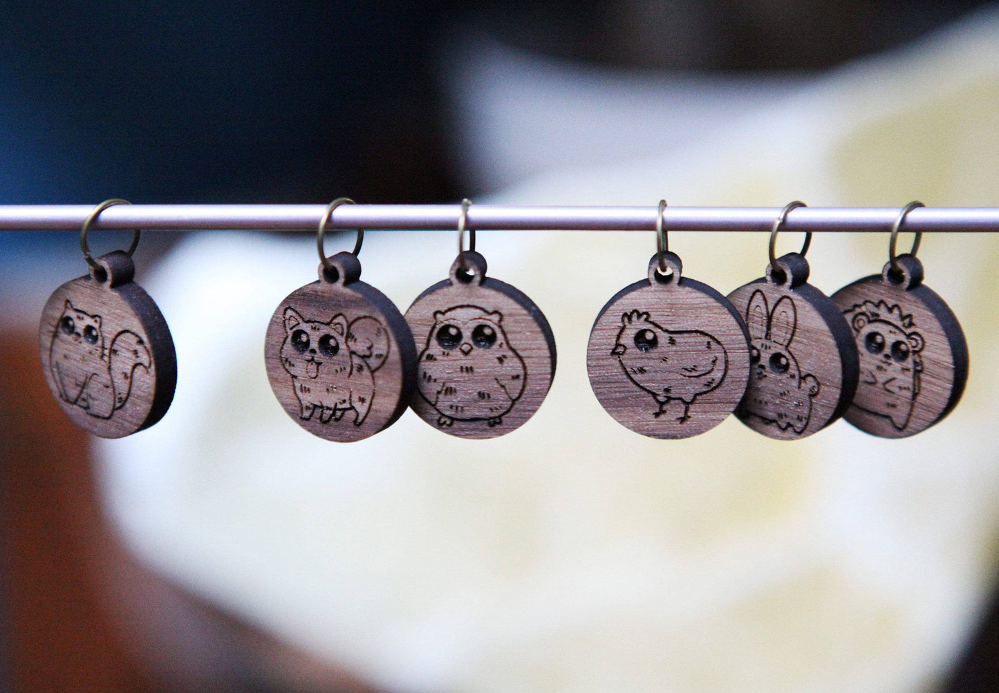 Sunrise Grove - Walnut Knitting Stitch Markers Set of 6 with Animal Faces