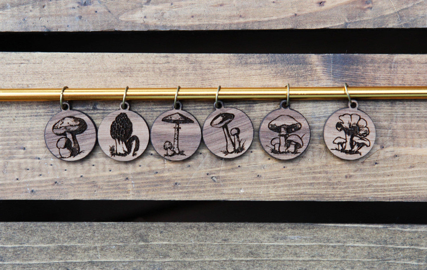 Sunrise Grove - Walnut Knitting Stitch Markers Set of 6 Wild Mushroom