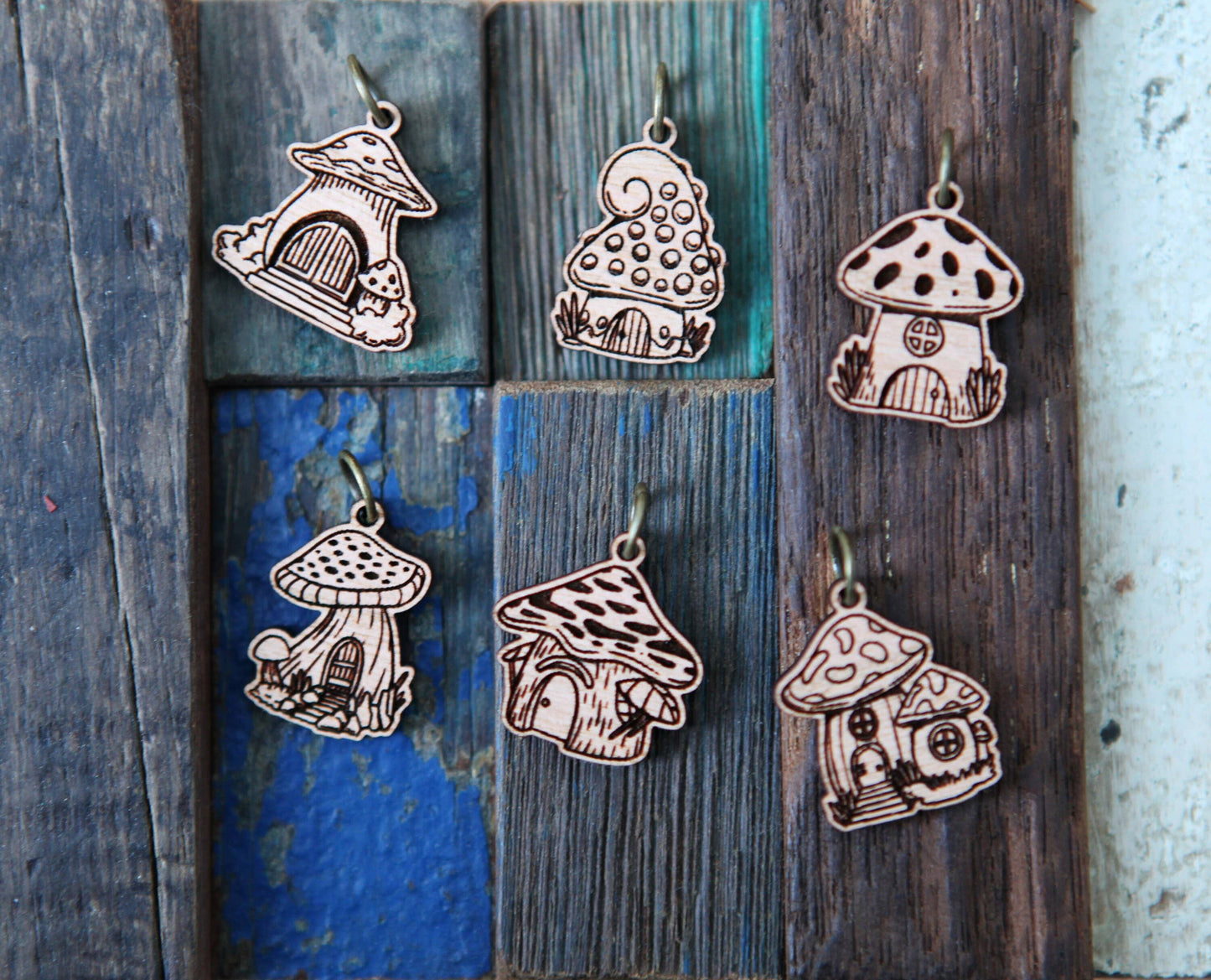 Sunrise Grove - Cherry Wood Mushroom Houses Stitch Markers Set of 6
