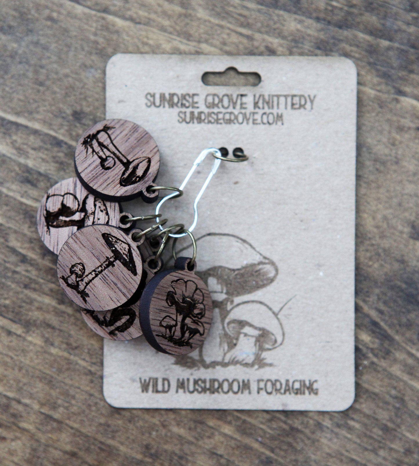 Sunrise Grove - Walnut Knitting Stitch Markers Set of 6 Wild Mushroom