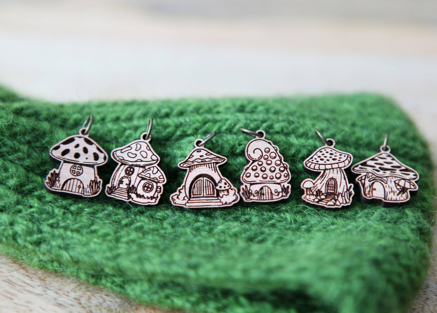 Sunrise Grove - Cherry Wood Mushroom Houses Stitch Markers Set of 6