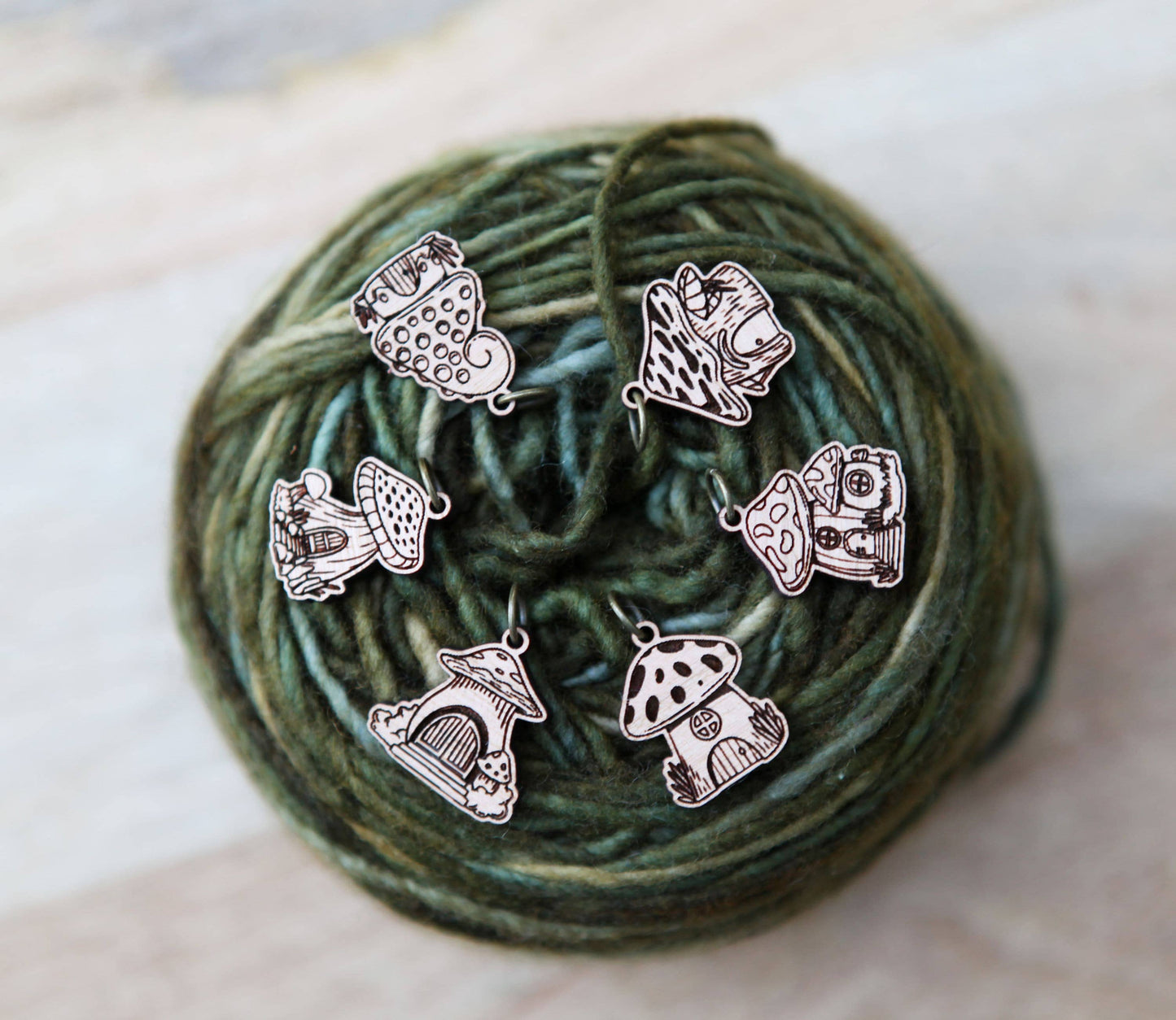 Sunrise Grove - Cherry Wood Mushroom Houses Stitch Markers Set of 6