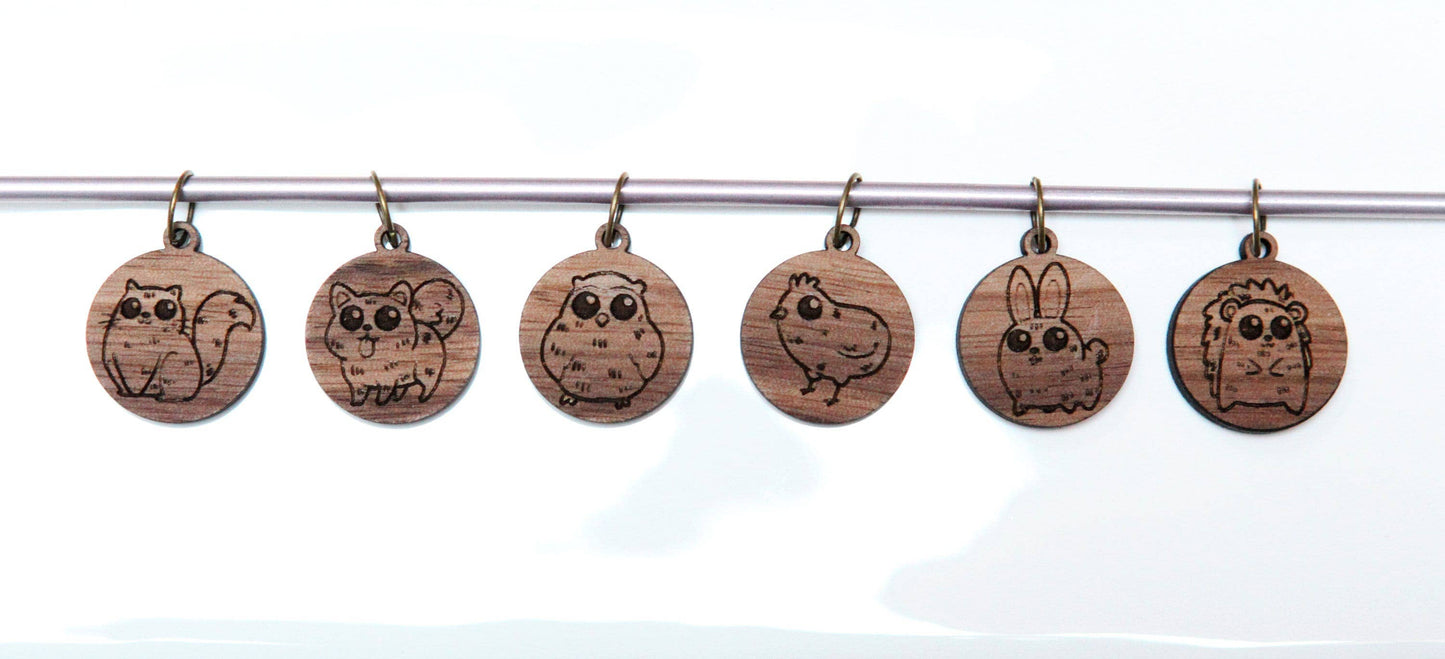 Sunrise Grove - Walnut Knitting Stitch Markers Set of 6 with Animal Faces