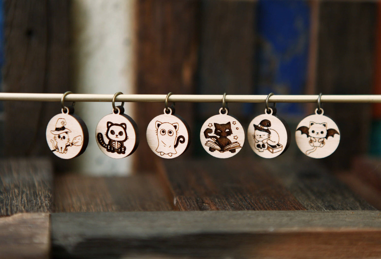 Sunrise Grove - Halloween Cats Knitting Stitch Markers Set in Maple Wood