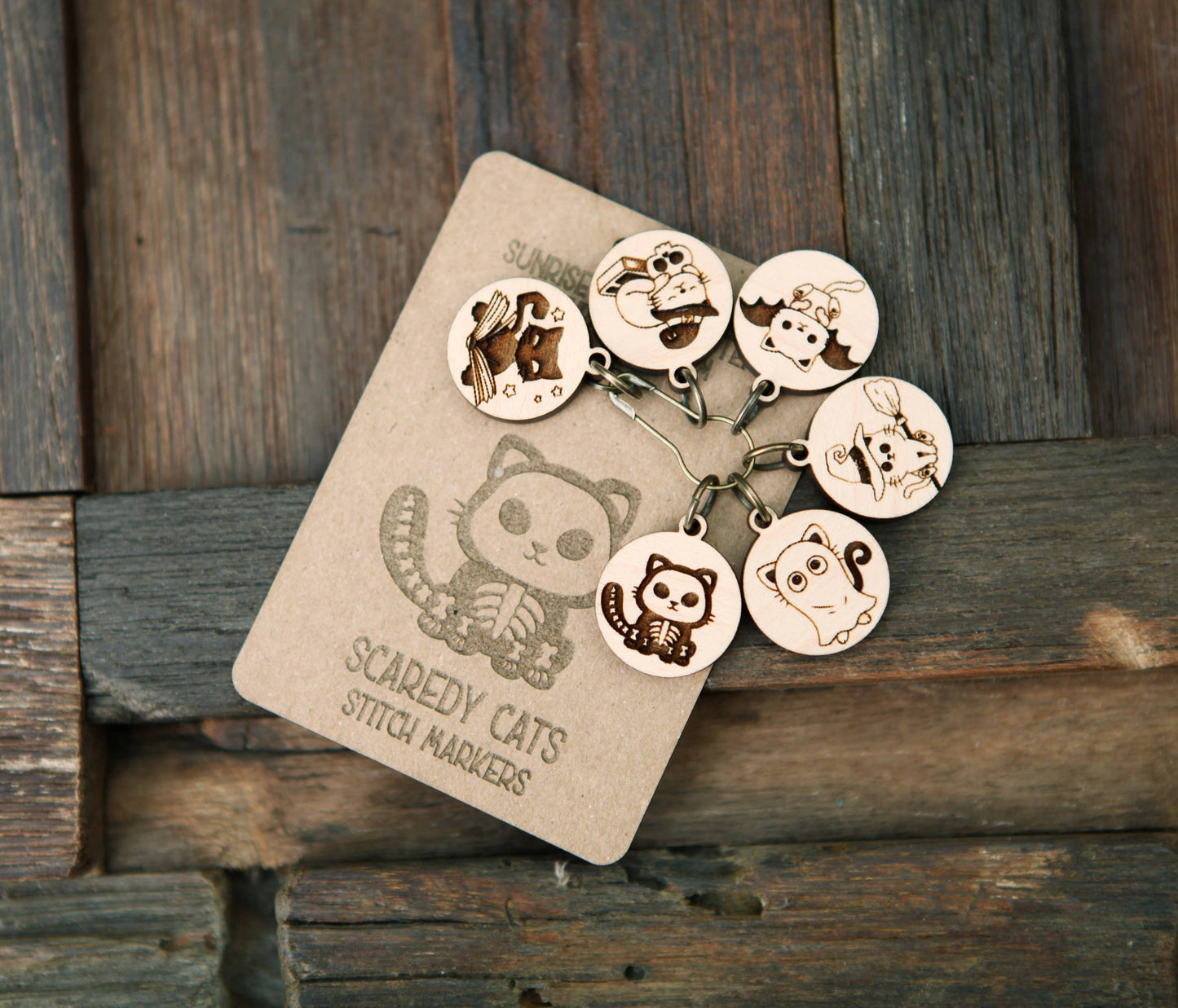 Sunrise Grove - Halloween Cats Knitting Stitch Markers Set in Maple Wood
