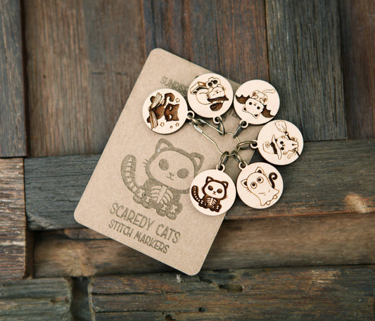 Sunrise Grove - Halloween Cats Knitting Stitch Markers Set in Maple Wood